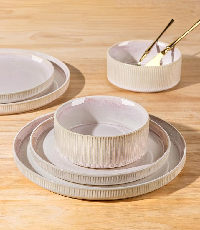 TheTerra Ceramic Dinnerware Sets for 6, 18 Pieces Porcelain Lightweight Speckled Plates and Bowls Sets, Scratch Resistant Dish Set, Oven & Microwave & Dishwasher Safe, Primrose Pink