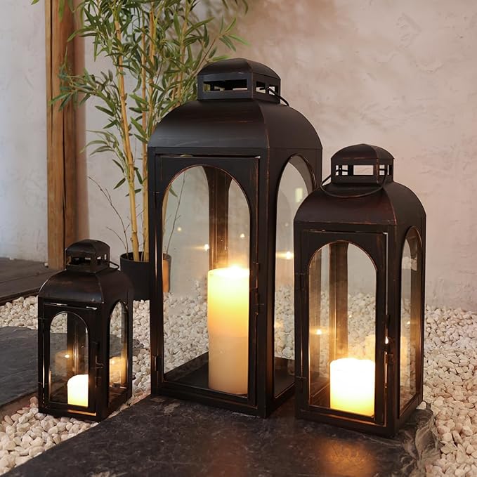 NEEDOMO Lanterns Decorative Indoor&Outdoor,Set of 3 Outdoor Lanterns for Porch, 26" Metal Frame Candle Holders with Glass, Fall, Christmas