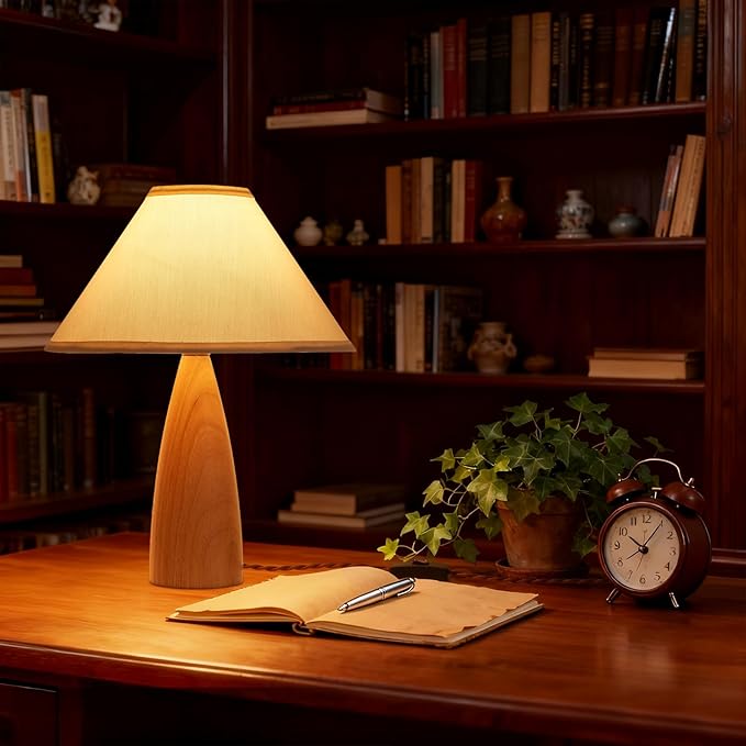 Bedside Table Lamp for Bedroom, Mid-Century Modern Plug in Fabric Shade & Solid Wood Base Desk Lamp, Plug & Play Natural Wood Nightstand Lamp for Living Room, Office, Switch Power Cord 【Bulb Included】