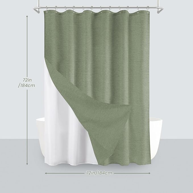 Inhousolu Boho Farmhouse Shower Curtain with Fabric Liner Set, Faux Linen Textured, 14 Metal Hooks Luxury Weighted Hem, Washable Wrinkle Free Bath Curtain for Hotel Bathroom 72" W x 72" L Sage Green