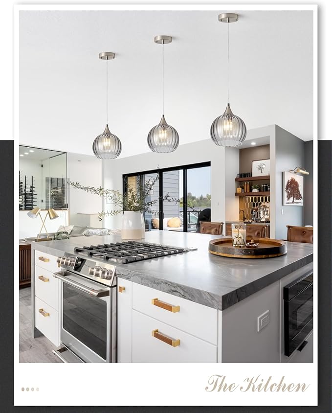Brushed Nickel Pendant Lights Kitchen Island, Globe Pendant Light Fixtures with 8 Inch Clear Glass Shade, Modern Hanging Light Fixtures for Kitchen, Bedroom (1 Pack - Gray Glass Pendant Light)