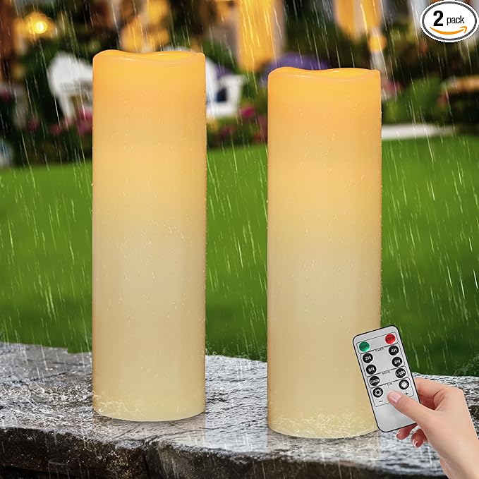 Kimjo 14" x 4" Large Outdoor Candles with Remote: Battery Operated LED Flameless Candles with Timer - Realistic Fake Waterproof Flickering Pillar Candles for Patio Porch Lanterns (Ivory 2 Pack)