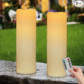 Kimjo 14" x 4" Large Outdoor Candles with Remote: Battery Operated LED Flameless Candles with Timer - Realistic Fake Waterproof Flickering Pillar Candles for Patio Porch Lanterns (Ivory 2 Pack)