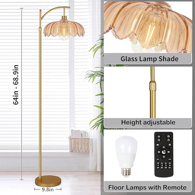 Floor Lamp for Living Room,Bedroom,Gold Dimmable Standing Lamp with Remote,Mid Century Modern Brass Retro Vintage Glass Tall Floor Light Boho Bohemian