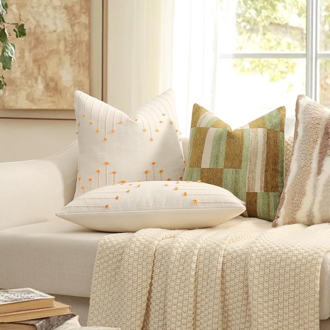 Boho Throw Pillow Covers 24x24 Set of 2 Neutral Woven Decorative Pillowcases Cotton Tufted Couch Pillows Modern Farmhouse Accent Cushion Covers for Sofa Couch Bed Living Room Home Decor, Golden Yellow