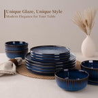 Famiware Starlight Dinnerware Sets, Plates and Bowls Dish Set of 4 (12 Pieces), Ribbed Textured Tableware - Dishwasher & Microwave Safe, Chip & Scratch Resistant, Reactive Glaze, Starry Blue