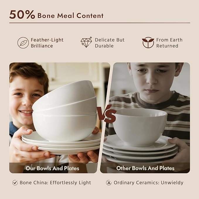 KINGSTONE Bone China Dinnerware Sets, 12-Piece Dinnerware Set for 4, Lightweight Durable, Dishwasher Safe, Tableware for Daily Use with Elegant Design, White