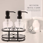3 Piece Round Heavy Weight Glass Soap Lotion Pump Dispenser Set with Metal Caddy for Home Bath Kitchen Travel Office Hand Crafted Metal Tray Oil Rubbed Bronze