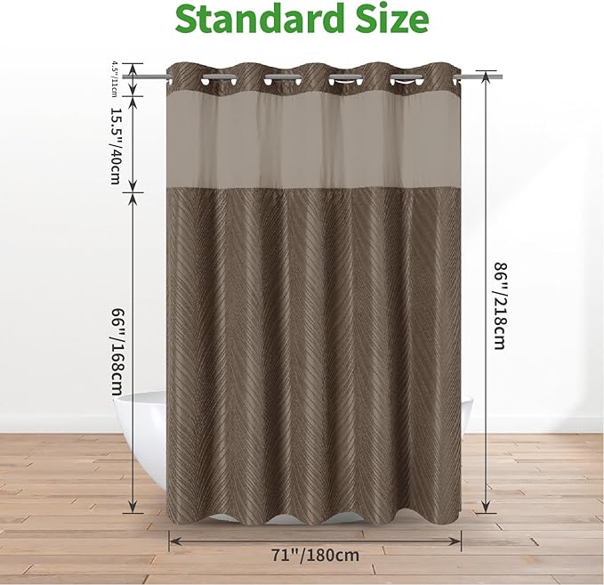 no Hook Shower Curtain and Liner Set，Boho Style with See Through Top Window, Brown Fabric Tufted Striped Textured Outer Curtain & Waterproof Inner Liner, Brown, 71Wx86H