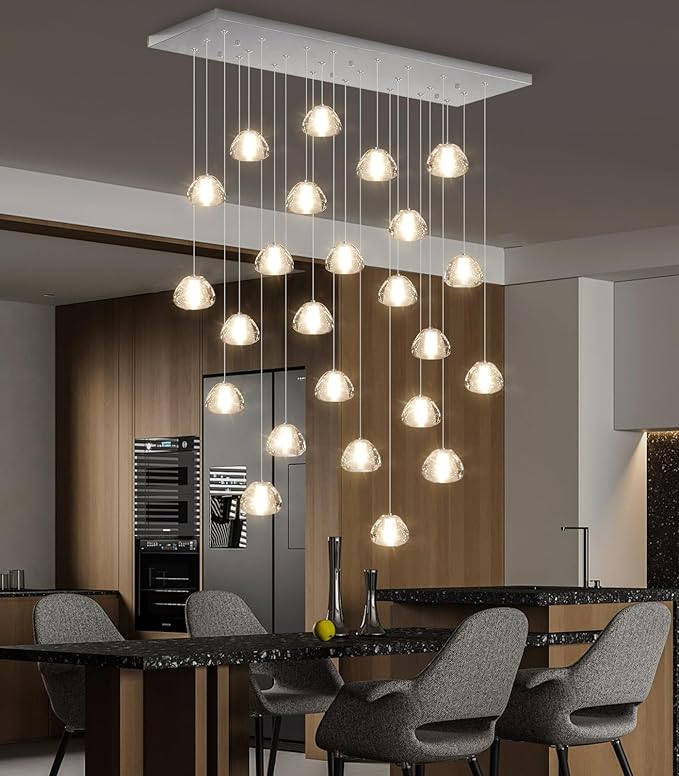 24-Lights Modern Rectangular Crystal Chandelier LED Raindrop Ceiling Pendant Light Crystal Lighting Fixture for Living Room Hotel Staircase Hallway Foyer Entryway Bedroom Silver
