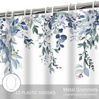 Eucalyptus Shower Curtain, Blue Watercolor Leaves with Floral Botanical Bathroom Decor, Waterproof Fabric Bath Curtain Set with Hooks, 72x78 Inches