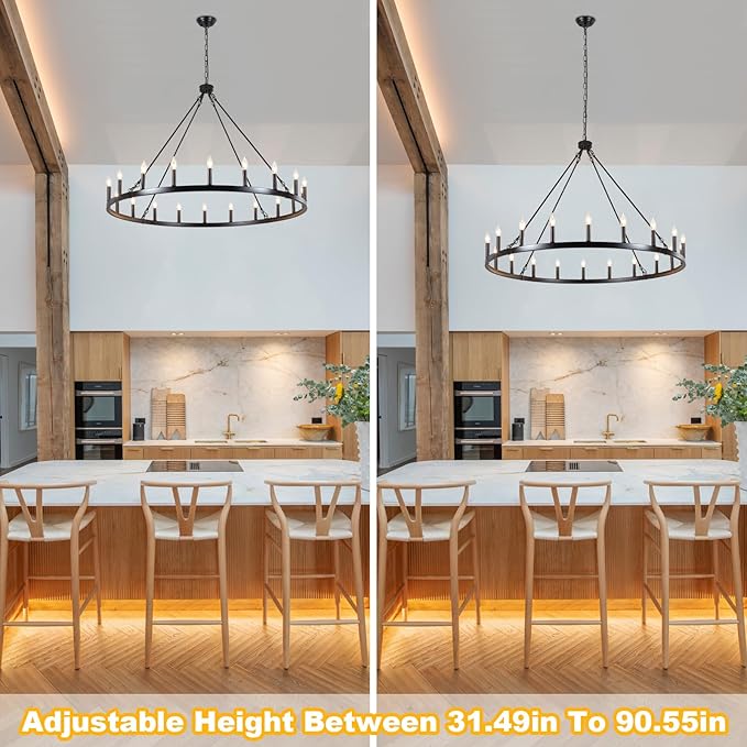 Black Wagon Wheel Chandelier 20-Light 48" Large Farmhouse Chandelier High Ceiling Light Fixture for Living Room Entryway Hallway Kitchen Island