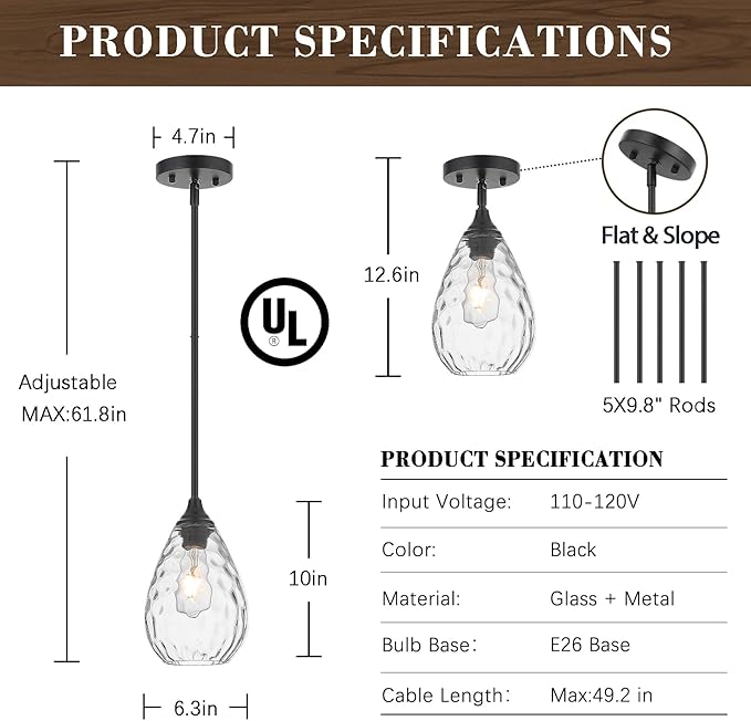Glass Pendant Lights Kitchen Island, 1-Light Modern Black Pendant Light Fixtures with Hammered Glass and Rods, Small Hanging Light for Kitchen Sink Dining Room Bathroom