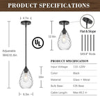 Black Pendant Lights Kitchen Island 2 Pack, Modern Glass Pendant Light Fixtures with Hammered Glass and Rods, Adjustable Small Hanging Light for Kitchen Sink Dining Room Bathroom