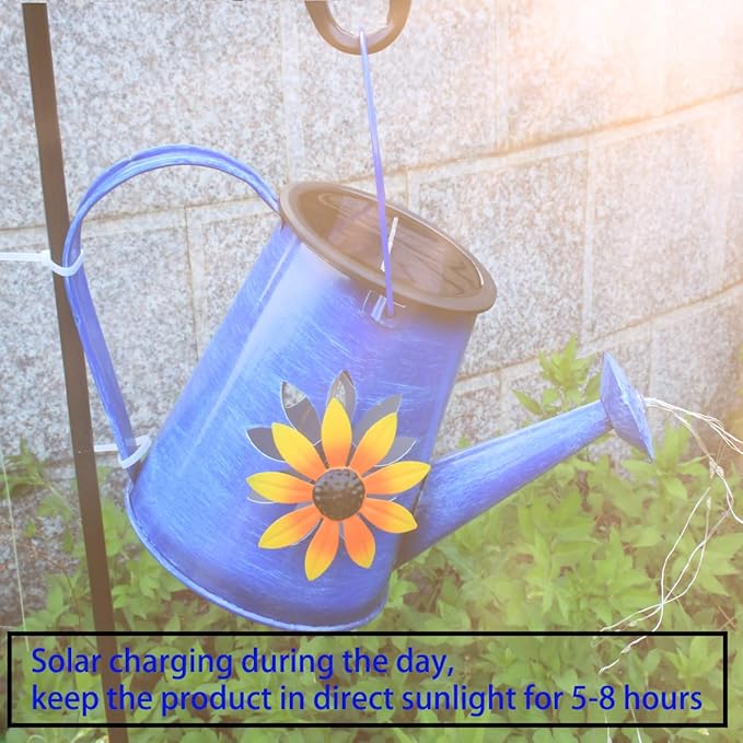 Blue Solar Watering Can with Light,Solar Powered Waterfall Lights 1 Pack 60 LED(Includes Shepherd Hook) for Garden,Yard, Path, Christmas Holiday Decoration