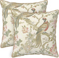 Vintage Bird Floral Soft Velvet Throw Pillow Covers Set of 2 Cream Chinoiserie Flowers Leaves Decorative Pillow Covers 20x20 Inch Retro Farmhouse Pillow Case With Gold Trim For Sofa Couch Home Decor