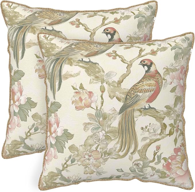 Vintage Bird Floral Soft Velvet Throw Pillow Covers Set of 2 Cream Chinoiserie Flowers Leaves Decorative Pillow Covers 20x20 Inch Retro Farmhouse Pillow Case With Gold Trim For Sofa Couch Home Decor
