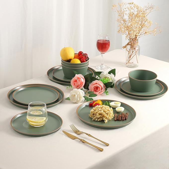 Melamine Dinnerware for 4, 12 Pieces Unbreakable Matte Plastic Plates and Bowls set, Kitchen Dish set BPA Free, Dishwasher Top Safe, Not Microwave, Not Oven (Green)