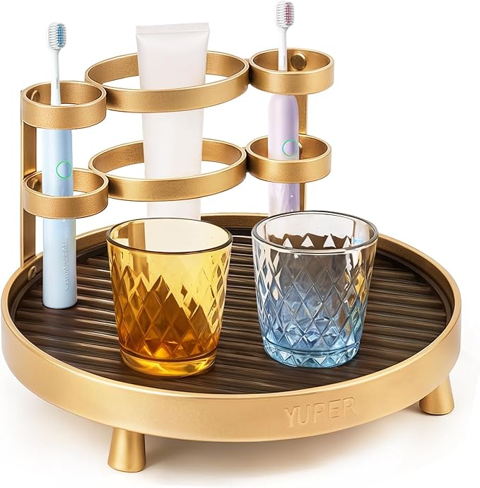 YUPER Vanity Tray Makeup Organizer Cosmetics Storage, Bathroom Skincare Organizer Countertop With Makeup Brush Holder, Round Display Rack in Dresser, Decor for Candle, Perfume, Plant