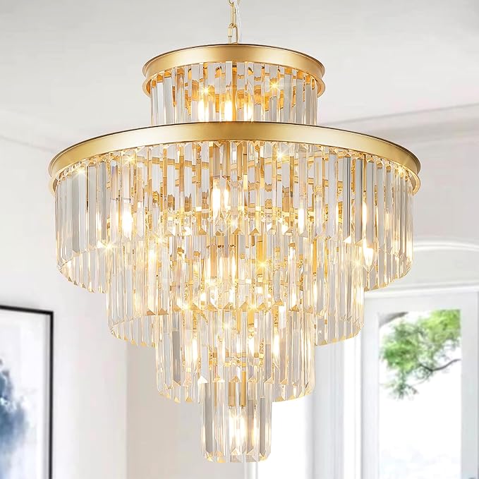 Modern Gold Crystal Chandelier 15 Lights 24" Round Light Fixture Luxury 5-Tier K9 Crystals Chandelier Contemporary Pendant Lighting for Dinning Room Living Room Foyer Kitchen