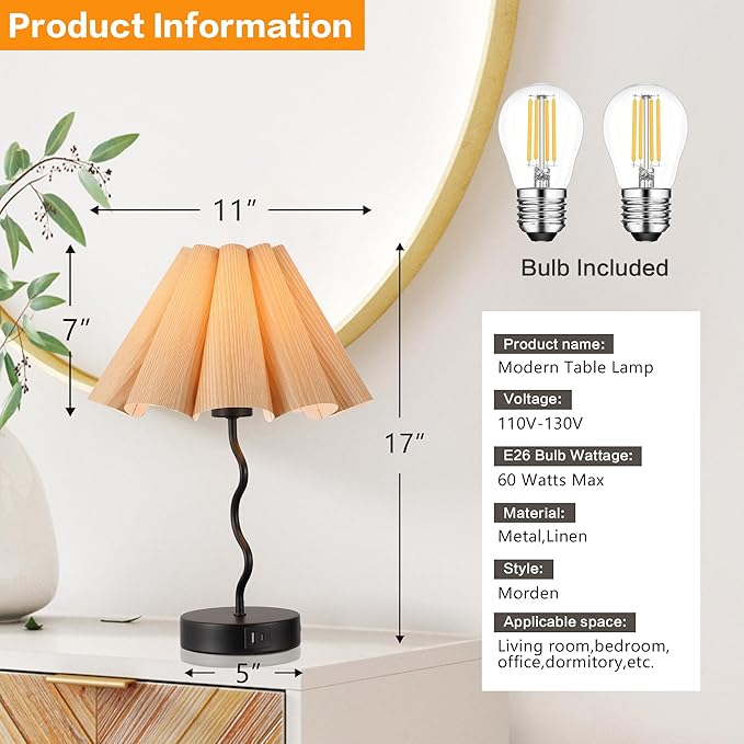 Pleated Table Lamp, Table Lamp for Bedroom, Bedside Lamps for Nightstand with Linen Lampshade, Modern Lamp for Bedroom Home Office Decor, Burlywood
