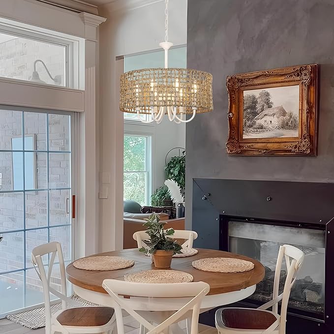 LynPon 17.7" White Boho Rattan Chandelier for Dining Room, 6-Light Boho Rattan Light Fixture with Hand Woven Wicker Shade, Coastal Vintage Chandelier for Living Room Kitchen Bedroom Entryway Hallway