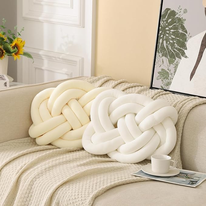 17.7in Knot Pillow Ball, Soft Velvet Decorative Throw Pillow for Couch Sofa, Decor Knotted Square Floor Pillow Cushions for Living Room (White)
