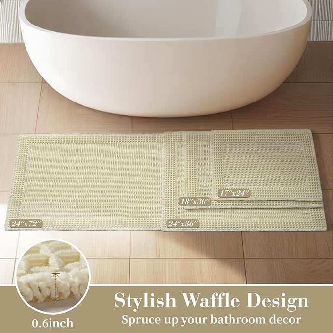 RESARE Waffle Bath Mat for Bathroom, Super Absorbent Bathroom Rugs Non Slip Machine Washable, Ultra Soft Quick Dry Boho Bath Rugs with Tassels for Floor, Upgraded Bordered Design, 18"x30" Cream