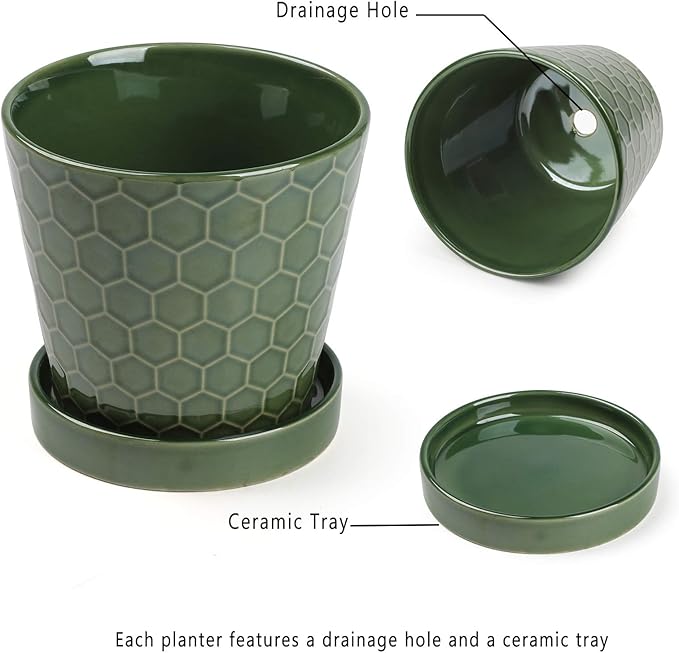 BUYMAX Ceramic Plant Pot – 4”+5”+6” inch Ceramic Flower Pot with Drainage Holes and Tray - Gardening Home Desktop Office Windowsill Decoration Gift Set 3 (Patina)