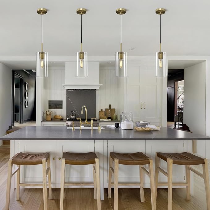 Modern Brass Pendant Lights Kitchen Island Glass Pendant Light Fixtures, 9.5'' Farmhouse Clear Glass Cylinder Pendant Light, Gold Kitchen Pendant Lighting over Island Sink, E26 Bulb Included