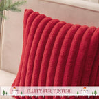 MOSAYT Christmas Faux Fur Throw Pillow Covers 20x20, Set of 2, Plush Velvet Soft Pillow Case,Fluffy Striped Decorative Couch Pillow Covers for Sofa, Bedroom, Living Room(Red)