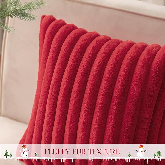 MOSAYT Christmas Faux Fur Throw Pillow Covers 20x20, Set of 2, Plush Velvet Soft Pillow Case,Fluffy Striped Decorative Couch Pillow Covers for Sofa, Bedroom, Living Room(Red)