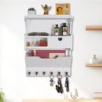 Wall Mount Mail Organizer with Storage Drawer and 6 Hooks, Easy Installation Key Rack for Entryway and Home Decor, Luxury White