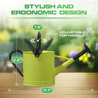 Plexon 1 Gallon Metal Watering Can Outdoor, Flower Plant Gardening Garden Large Watering Can Pot, Black Galvanized Steel Handles and Removable Spray Spout, Green