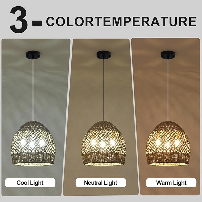 Rattan Boho Pendant Light Fixtures, Farmhouse Hanging 3-Light Wicker Chandelier,Hand-Woven Seagrass Kitchen Islands Chandeliers for Dining Room Entryway Foyer 13.39"