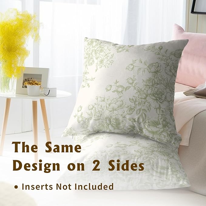 Vintage Flowers Throw Pillow Covers 22x22 Inch, 2 Pcs Light Green White Chinoiserie Floral Pillowcases Double-Sided Square Cushion Cover for Couch Sofa Bed Outdoor Home Decor