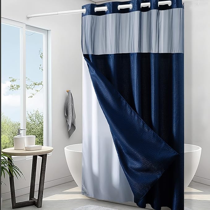 Furlinic Waffle Weave No Hook Shower Curtain with Snap in Fabric Liner Set,Heavy Duty Textured Bathroom Curtain with See Through Window,Waterproof & Machine Washable,Navy Blue,71x72 Inch