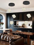 3-Lights Pendants Lightfor Kitchen lsland Chandeliers Dining Room,Square Entryway Light Fixture Hanging Adjustable Height Black Crystal Chandeliers for Bedroom Hallway Foyer