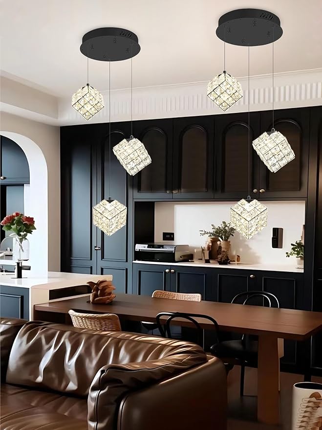 3-Lights Pendants Lightfor Kitchen lsland Chandeliers Dining Room,Square Entryway Light Fixture Hanging Adjustable Height Black Crystal Chandeliers for Bedroom Hallway Foyer