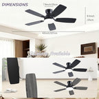 42inch Ceiling Fans with Lights, Low Profile Ceiling Fan with Light and Remote/APP Control, DC Reversible Motor, Noiseless, Flush Mount, Black Ceiling Fan for Bedroom Indoor/Outdoor Use