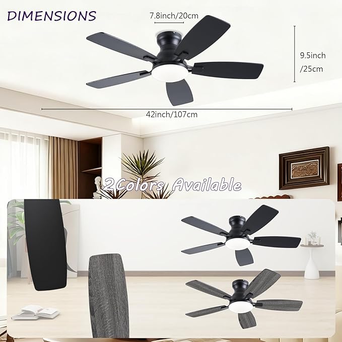 42inch Ceiling Fans with Lights, Low Profile Ceiling Fan with Light and Remote/APP Control, DC Reversible Motor, Noiseless, Flush Mount, Black Ceiling Fan for Bedroom Indoor/Outdoor Use
