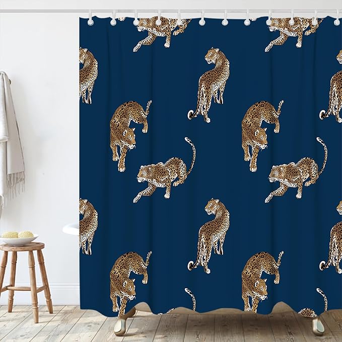 Boho Leopard Cheetah Shower Curtain Theme Bathroom Bathtubs Fabric Tropical Forest Wildlife Animal Shower Curtain Set with 12 Hooks 72 x 84 inches Polyester Machine Washable, Brown Black and Blue