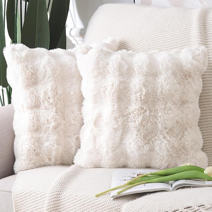 MADIZZ Pack of 2 Thick Plush Wool Throw Pillow Covers 18x18 Inch Cream Soft Neutral Decorative Throw Pillows Accent Boho Cushion Covers for Couch Sofa Bedroom Pillow Shell