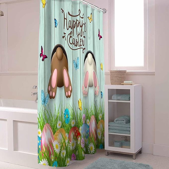 Vandarllin Spring Easter Shower Curtain, Funny Bunny Tails Rabbit Shower Curtains Set with Hooks, Floral Farmhouse Waterproof Fabric Bathroom Curtains Decor Home Accessories, Stall Long 54 X 78 Inch