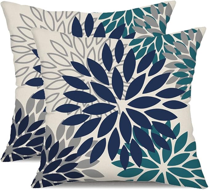 DFXSZ Navy Blue Flower Pillow Covers 18x18 Inch Set of 2 Outdoor Throw Pillows Outdoor Waterproof Decor for Living Room Sofa Patio Funiture Garden Floral Polyester Pillow Covers 002X18