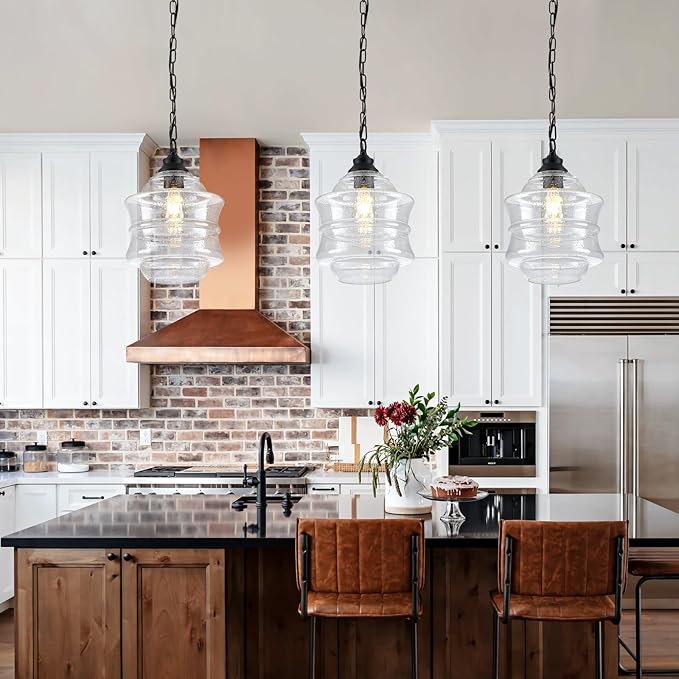 Seeded Glass Pendant Lights Black 10'' Farmhouse Ceiling Pendant Lighting Kitchen Island Large Industrial Oasis Clear Glass Island Hanging Light for Entryway Hallway Breakfast Dining Table