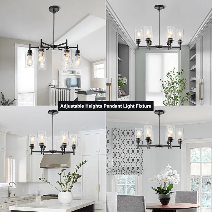 Farmhouse Chandeliers for Dining Room Matte Black Chandelier 6 Light Dining Room Light Fixture with Clear Glass Shades Gold Pendant Lights for Kitchen Island Living Room Entryway Staircase