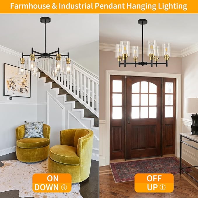 Farmhouse Chandeliers for Dining Room Black Chandelier 6 Light Dining Room Light Fixture with Clear Glass Shades Gold Pendant Lights for Kitchen Island Living Room Entryway Staircase
