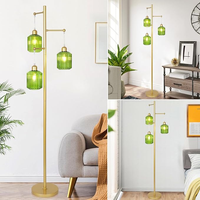 Glass Floor Lamp for Living Room,3-Light Gold Boho Flower Floor Lamp for Bedroom,Farmhouse Standing Lamp Tree Floor Lamps Vintage Retro Brass Tall Lamps for Bedroom,Office,Corner(LED Bulbs Included)