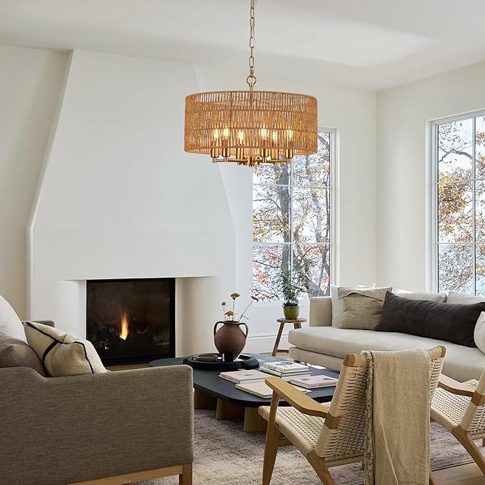 20" Hand-Woven Rattan Chandelier 6-Light Vintage Farmhouse Boho Bamboo Golden Chandelier Light Fixture Retro Drum Wicker Gold Chandeliers for Dining Room, Kitchen, Living Room, E12